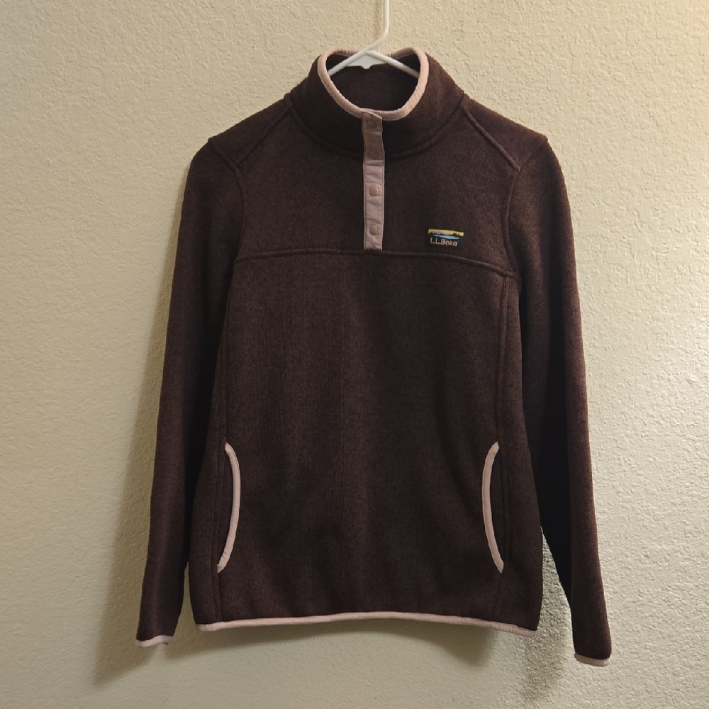 L.L. Bean Mockneck 1/4-Snap Pullover - Wineberry with Pink Accents - Med Petite